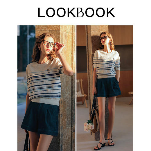 OLrain欧芮儿法式条纹针织衫女春季2024年新款宽松撞色短袖上衣 商品图4