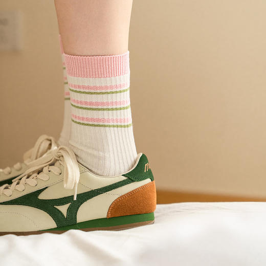 靴下物竹棉薄款透气粉色系条纹撞色甜美中筒日系可爱女袜 商品图2