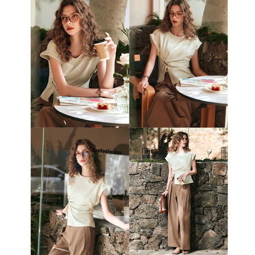 OLrain欧芮儿奶茶色T恤女早春2024新款百搭别致不规则短袖上衣 商品图2