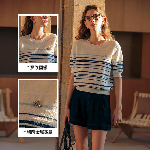 OLrain欧芮儿法式条纹针织衫女春季2024年新款宽松撞色短袖上衣 商品图3