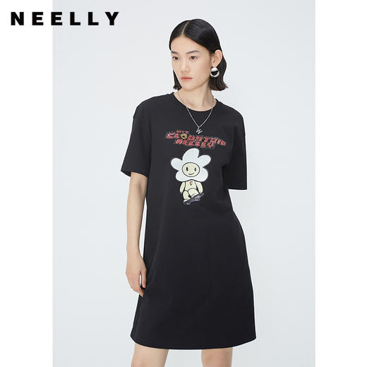 NEELLY纳俪商场同款卡通印花中长款连衣裙女100%棉休闲短袖直筒裙N24041Y01020 商品图1