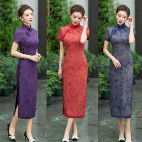 SKY 27552复古国风改良中式烫金提花旗袍