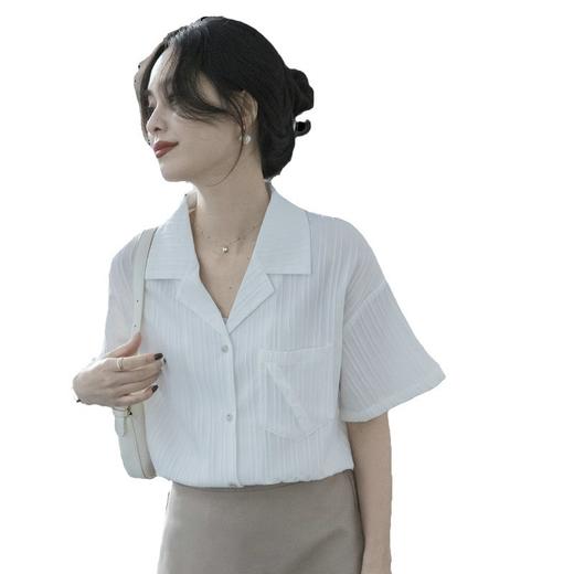 HT-3513法式西装领短袖白色衬衫女设计感小众夏季洋气宽松通勤气质OL衬衣 商品图4
