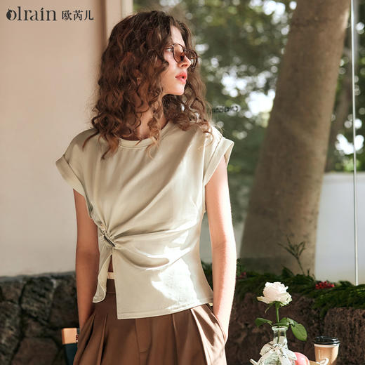 OLrain欧芮儿奶茶色T恤女早春2024新款百搭别致不规则短袖上衣 商品图0