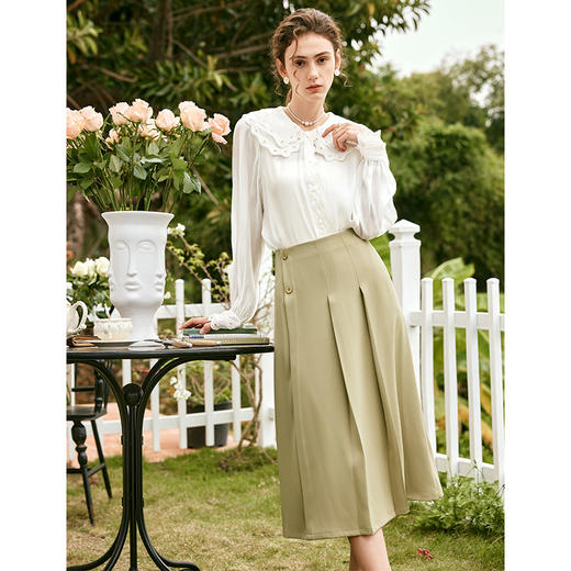 OLrain欧芮儿法式黄绿色半身裙女春季2024年新款高腰中长款伞摆裙 商品图4