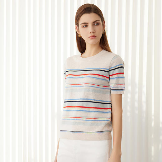 【棉麻条纹针织套衫】24年春夏新品女士圆领时尚条纹撞色短袖针织上衣 商品图2