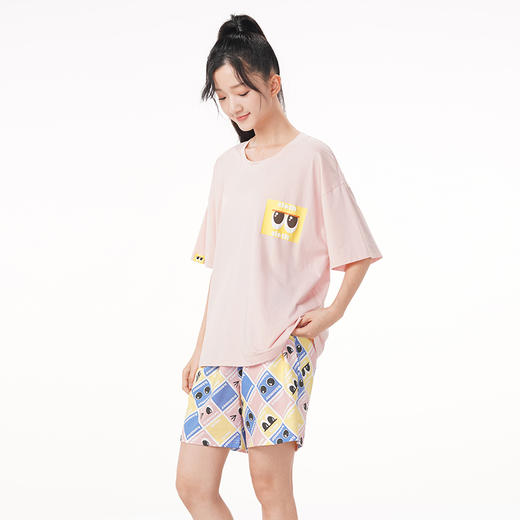 都市丽人亲情蜜语舒适外出春夏睡衣女32支纯棉单面家居服薄款短袖短裤女士棉质套装LH49A2 商品图5
