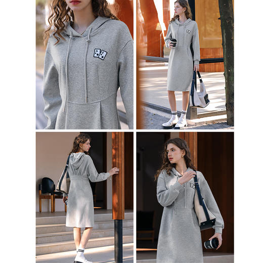 OLrain欧芮儿浅灰色休闲连衣裙女春季2024年新款收腰连帽针织裙 商品图2
