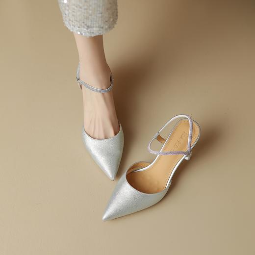 阿么手工女鞋夏季新款钻带小高跟凉鞋女尖头一字带仙女风细跟6CM 商品图1
