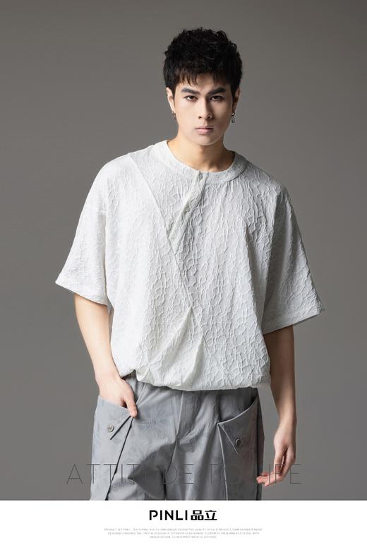 PINLI品立2024夏季新款连肩袖圆领宽松立体提花短袖T恤男士上衣潮B242111004 商品图9