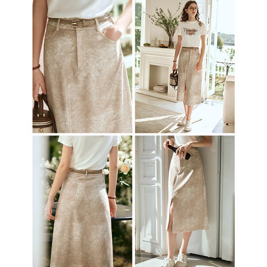 OLrain欧芮儿燕麦色半身裙女春季2024年新款高级水墨印花直筒半裙 商品图2