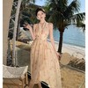 YH-950362新中式渲染V领天丝挂脖连衣裙女气质收腰显瘦度假沙滩裙性感长裙 商品缩略图0