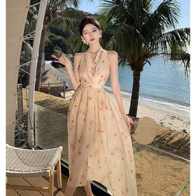 YH-950362新中式渲染V领天丝挂脖连衣裙女气质收腰显瘦度假沙滩裙性感长裙