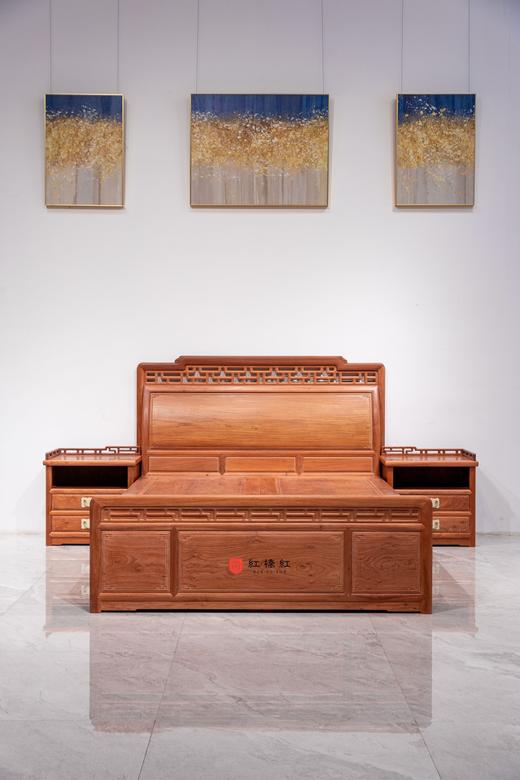 红桥红  家具严选  缅甸花梨（大果紫檀）【150 曲尺弯背素面 高低床 三件套】 商品图0