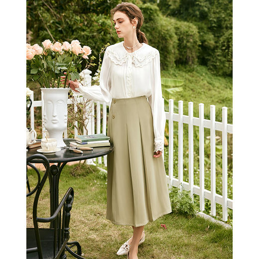 OLrain欧芮儿法式黄绿色半身裙女春季2024年新款高腰中长款伞摆裙 商品图1