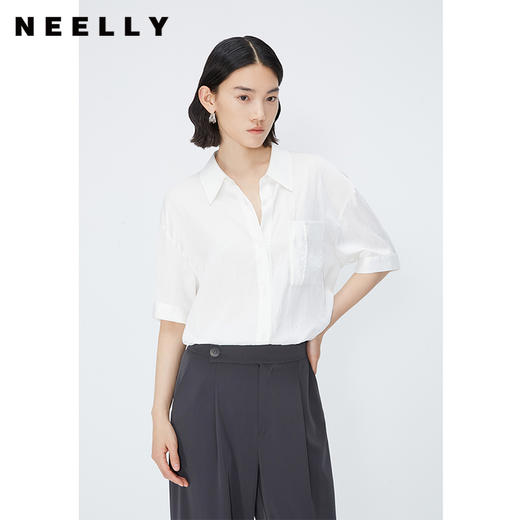 NEELLY纳俪商场同款白色短袖翻领衬衫女垂感休闲气质五分袖白衬衣 N24042B01045 商品图1
