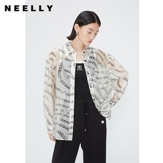 NEELLY纳俪商场同款夏季莱赛尔印花衬衫外套女落肩袖微透外搭上衣 N24041B01010 商品图1