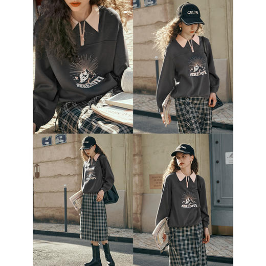 OLrain欧芮儿美式POLO领卫衣女春季2024年新款宽松复古印花上衣 商品图2