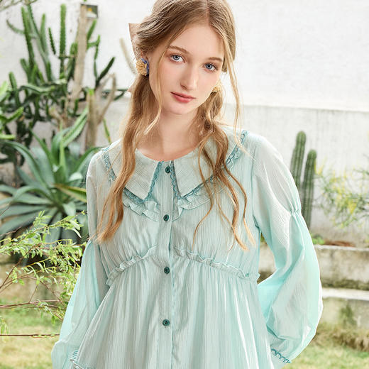 两三事停在云边2024夏季新款小清新花边翻领荷叶边连衣裙长裙 商品图2