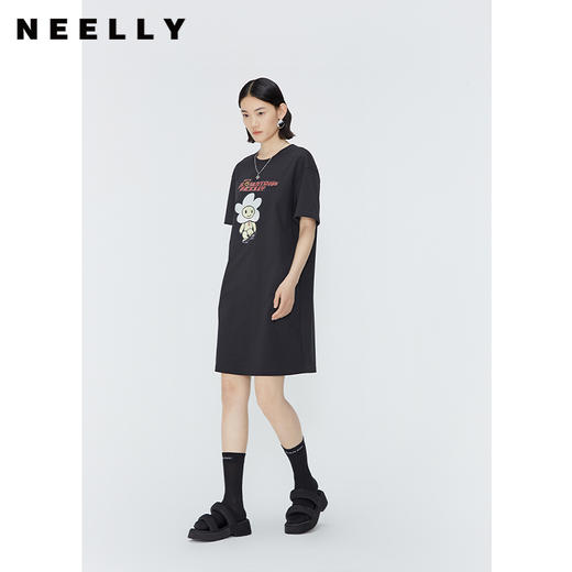 NEELLY纳俪商场同款卡通印花中长款连衣裙女100%棉休闲短袖直筒裙N24041Y01020 商品图2