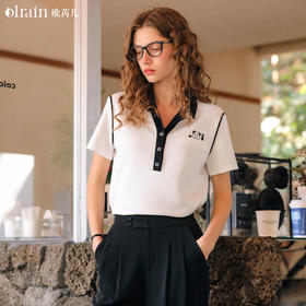 OLrain欧芮儿米白色T恤女早春2024年新款设计感翻领刺绣短袖上衣