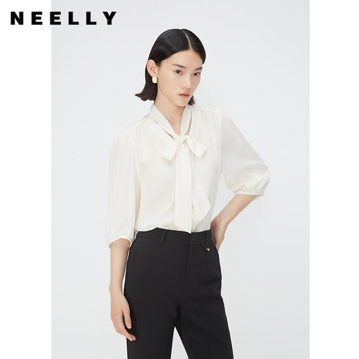 NEELLY纳俪商场同款优雅飘带领衬衫女通勤五分袖宽松别致雪纺上衣 N24041B01011 商品图2