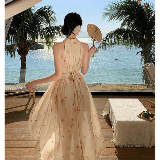 YH-950362新中式渲染V领天丝挂脖连衣裙女气质收腰显瘦度假沙滩裙性感长裙 商品图3