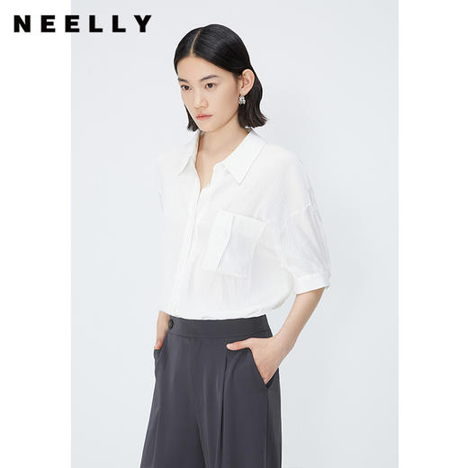 NEELLY纳俪商场同款白色短袖翻领衬衫女垂感休闲气质五分袖白衬衣 N24042B01045 商品图2