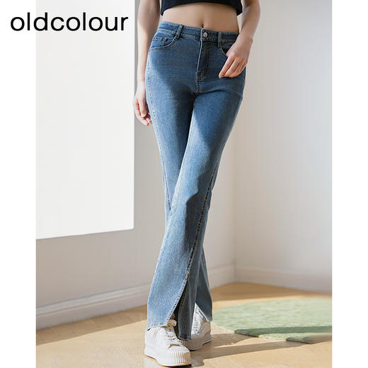 oldcolour蓝色牛仔裤夏季新款高腰显瘦时尚开叉微喇裤女P21113176 商品图1