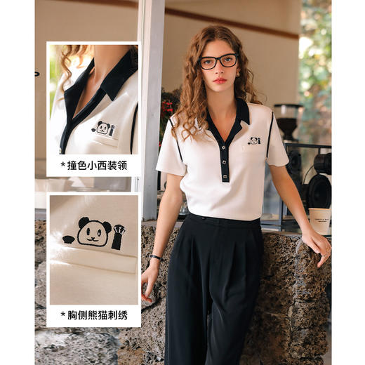 OLrain欧芮儿米白色T恤女早春2024年新款设计感翻领刺绣短袖上衣 商品图2