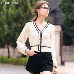 OLrain欧芮儿法式V领针织衫女春季2024新款假两件镂空雪纺衫上衣
