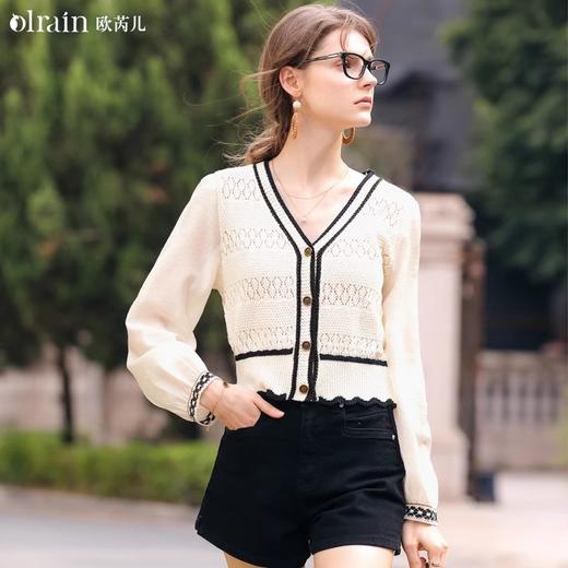 OLrain欧芮儿法式V领针织衫女春季2024新款假两件镂空雪纺衫上衣 商品图0