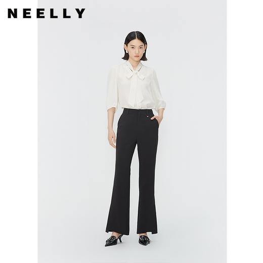 NEELLY纳俪商场同款优雅飘带领衬衫女通勤五分袖宽松别致雪纺上衣 N24041B01011 商品图0