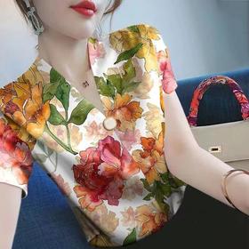 TZF-2024女装新款短袖夏季V领洋气打底衫时尚印花韩版上衣小衫