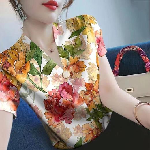 TZF-2024女装新款短袖夏季V领洋气打底衫时尚印花韩版上衣小衫 商品图0