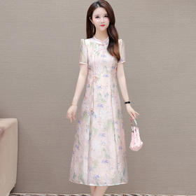 中式复古改良旗袍裙，中长款短袖A字印花连衣裙QYM-KED-H1709-Y