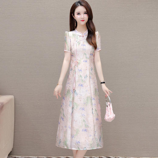 中式复古改良旗袍裙，中长款短袖A字印花连衣裙QYM-KED-H1709-Y 商品图0