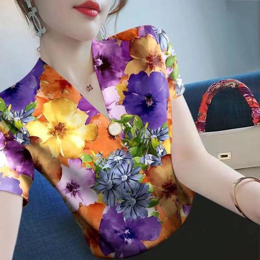 TZF-2024女装新款短袖夏季V领洋气打底衫时尚印花韩版上衣小衫 商品图1