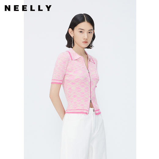 NEELLY纳俪商场同款甜美渐变粉色拉链针织衫女夏修身显瘦短袖上衣 N24042A01036 商品图2