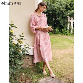 OLrain欧芮儿法式茱萸粉连衣裙女春季2024年新款茶歇碎花长袖裙子