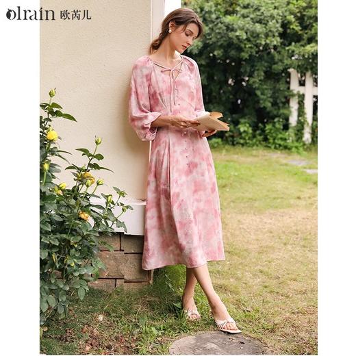 OLrain欧芮儿法式茱萸粉连衣裙女春季2024年新款茶歇碎花长袖裙子 商品图0