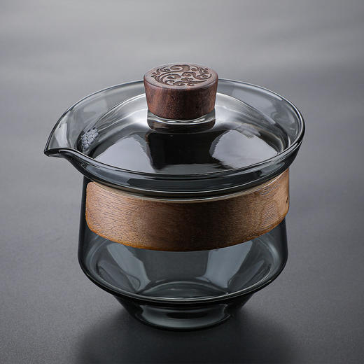 益思泉丨暮雨 锤纹盖碗 高硼硅玻璃 茶具 约230ml 胡桃木 透明/烟灰 商品图2