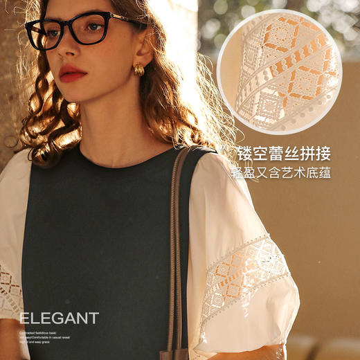 欧芮儿法式赫本风蕾丝镂空拼接连衣裙女春夏2024新款撞色中长裙 商品图1