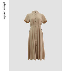 皮尔卡丹女装连衣裙卡其色醋酸修身短袖通勤A字裙C42DS22K1
