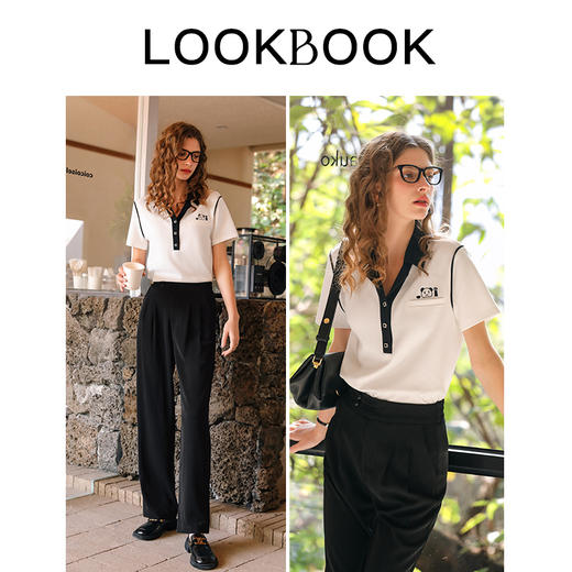 OLrain欧芮儿米白色T恤女早春2024年新款设计感翻领刺绣短袖上衣 商品图3