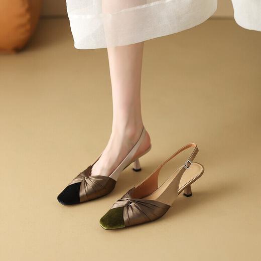 【预售5天】法式绸缎尖头细跟高跟鞋2024春夏季露跟后空凉鞋拼色气质单鞋子女XXMY&461 商品图1