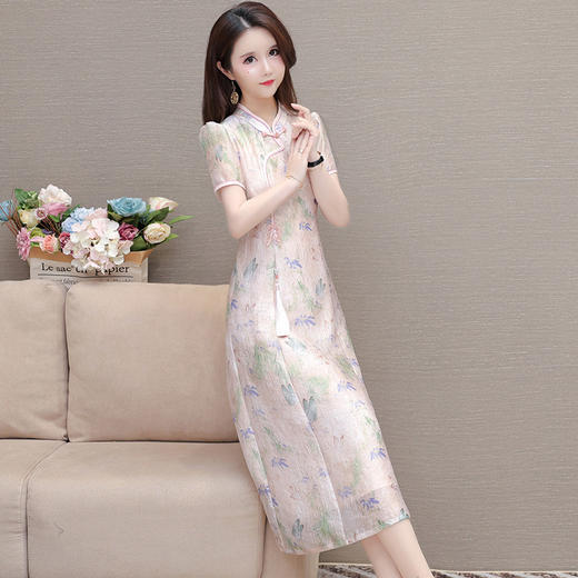 中式复古改良旗袍裙，中长款短袖A字印花连衣裙QYM-KED-H1709-Y 商品图1