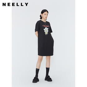 NEELLY纳俪商场同款卡通印花中长款连衣裙女100%棉休闲短袖直筒裙N24041Y01020