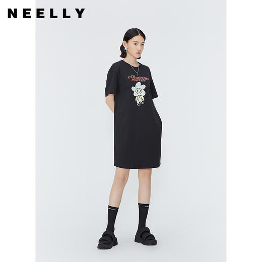 NEELLY纳俪商场同款卡通印花中长款连衣裙女100%棉休闲短袖直筒裙N24041Y01020 商品图0