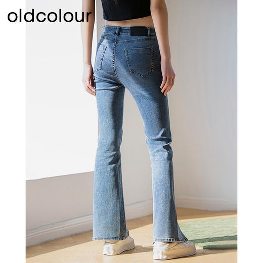 oldcolour蓝色牛仔裤夏季新款高腰显瘦时尚开叉微喇裤女P21113176 商品图4